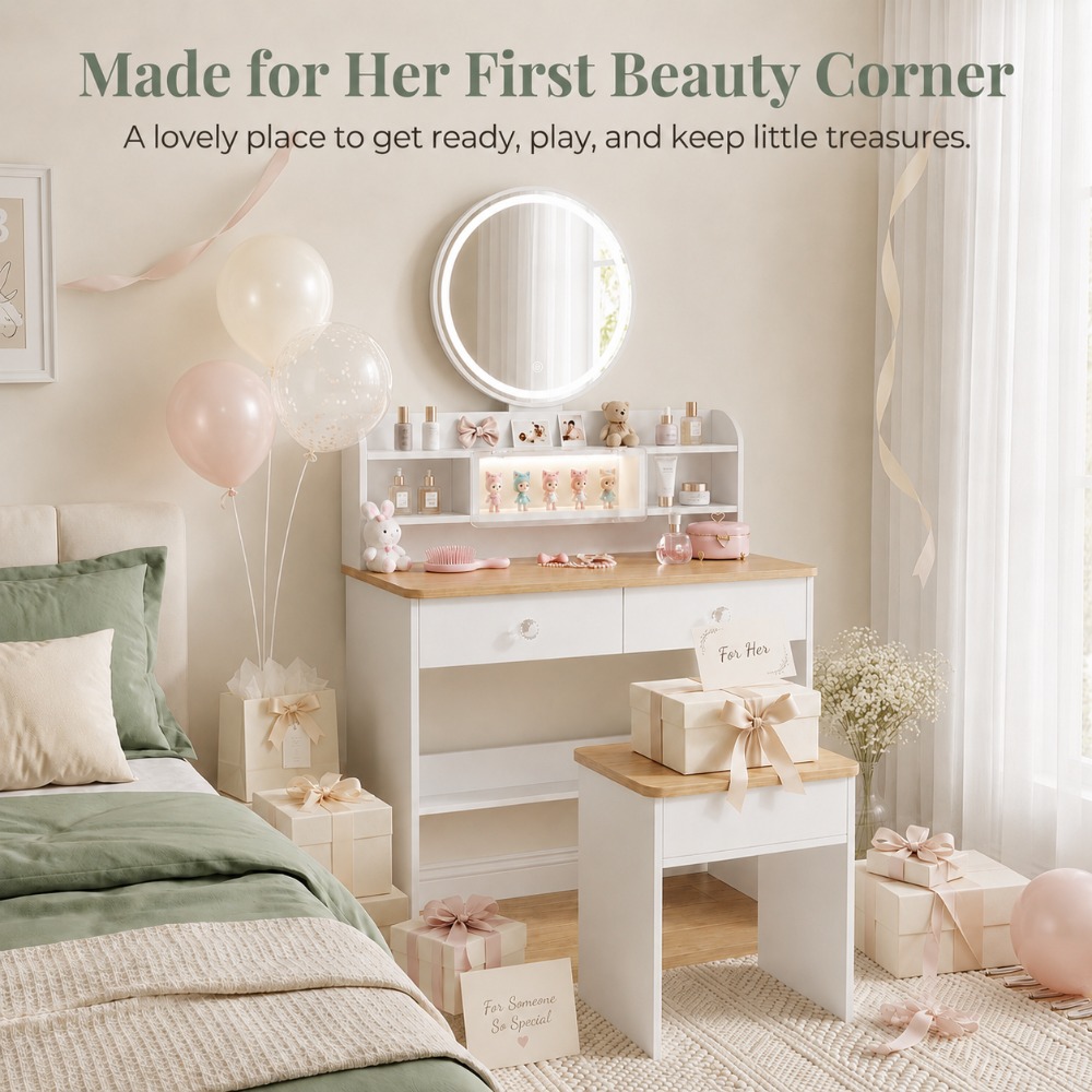 Beauty Makeup Vanity Set - ของขวัญที่สมบูรณ์แบบสำหรับเธอ ชุดโต๊ะเครื่องแป้งไม้ทรงกลมพร้อมกระจก LED โต๊ะแต่งหน้าพร้อมเก้าอี้และโต๊ะข้างเตียง เฟอร์นิเจอร์มุมความงามที่สวยงามสำหรับห้องนอนของสาวๆ และผู้หญิง